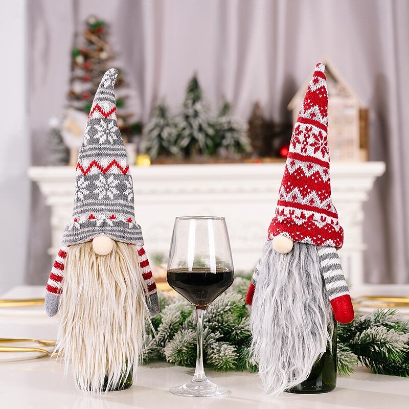 Christmas Gnome Wine Bottle Covers, Nordic Knitted Faceless Santa with Long Beard, Festive Wine Bottle Hat for Home Holiday Decor3