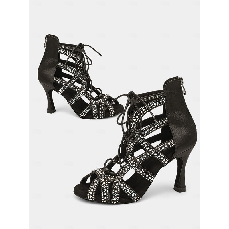 Women's Rhinestone Lace-Up Strappy Dance Shoes with Stiletto Heels and Suede Sole – Stylish Ballroom, Latin, and Salsa Performance Footwear4