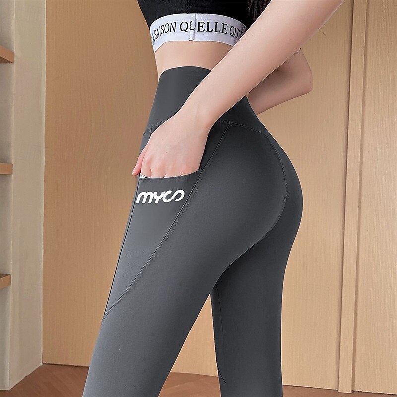 Women's Yoga Pants Fleece Lined Leggings Yoga Leggings Butt Lift Tummy Control High Waist Pilates Gym Workout Workout Tights Letter Black Coffee Grey Fall Winter Sports Activewear Stretchy Slim3