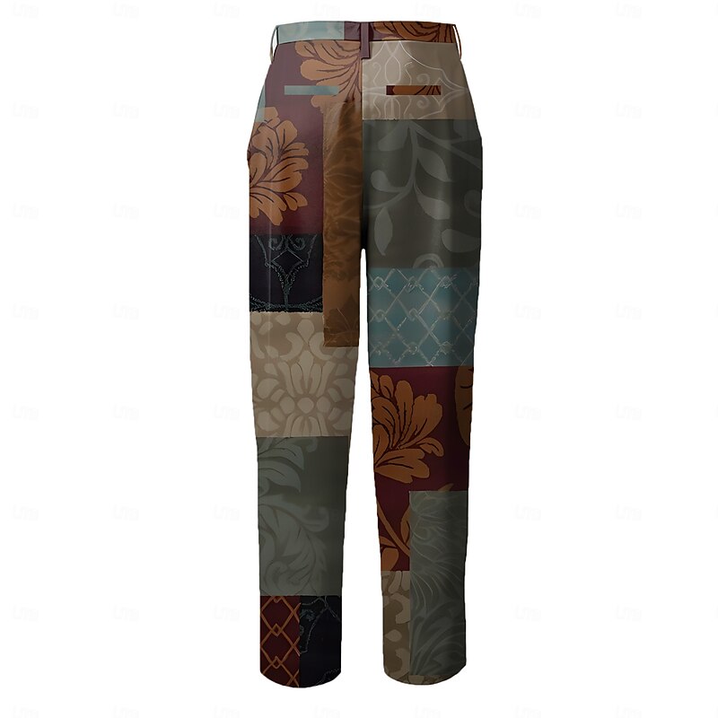 Men's Color Block Patchwork Dress Pants Mid Waist Business Casual Formal Dailywear Zipper Pocket Summer Spring Fall 3D Print Brown2