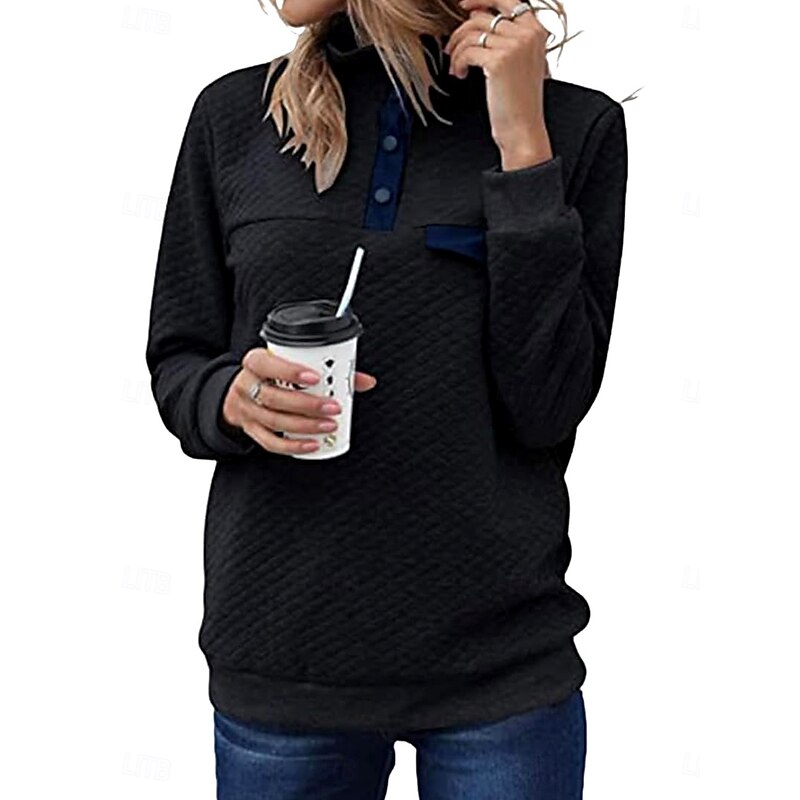 Women's Texture Sweatshirt Waffle Sweatshirt Casual Plain Dailywear Turtleneck Buttons Long Sleeve Black Pink Gray Fall Winter4