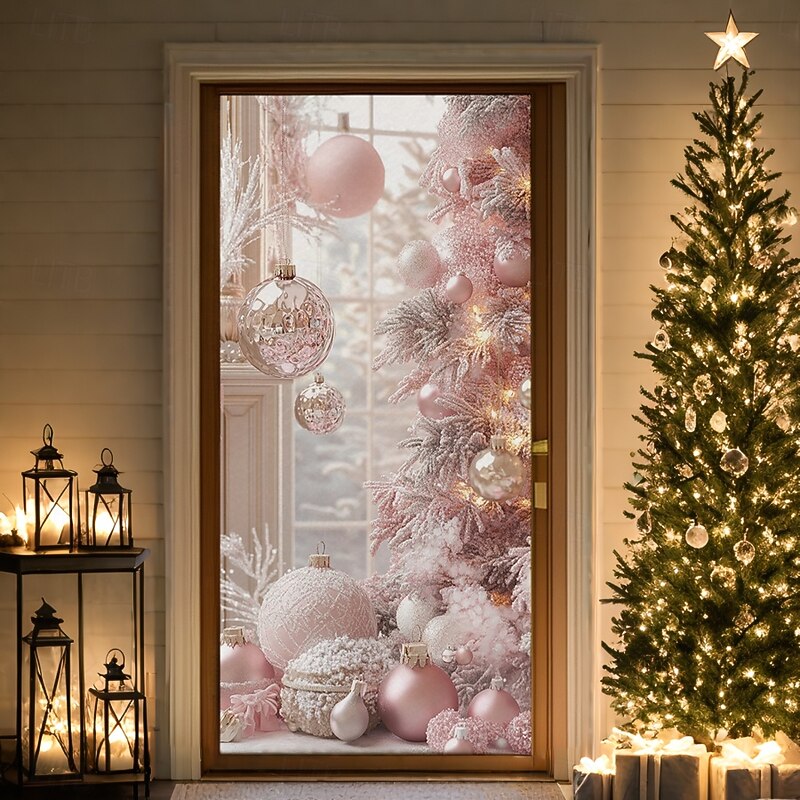 Christmas Door Decorations Door Covers Pink Xmas Ornaments Door Tapestry Door Curtain Decoration Backdrop Indoor/Outdoor Door Banner for Front Door Farmhouse - Main Image
