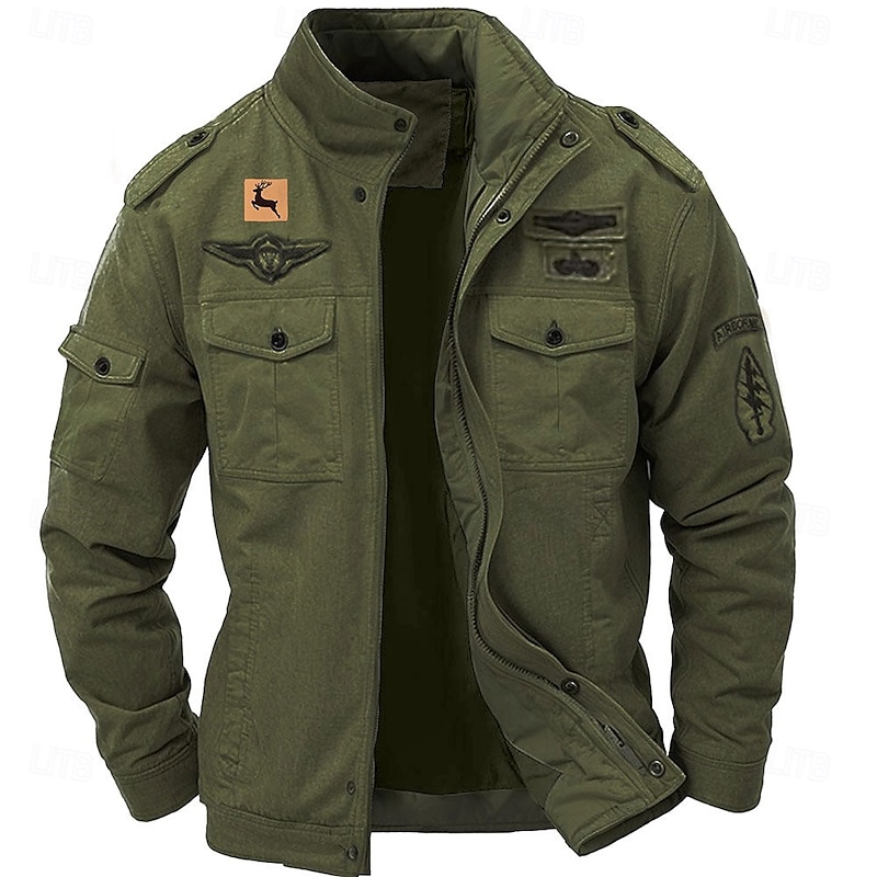 Men's Cotton Embroidered Military Jacket Cargo Jacket with Shoulder Straps Long Sleeve Standing Collar Multi-Pockets Coat Trucker Jacket Reindeer Print Tactical Outerwear2