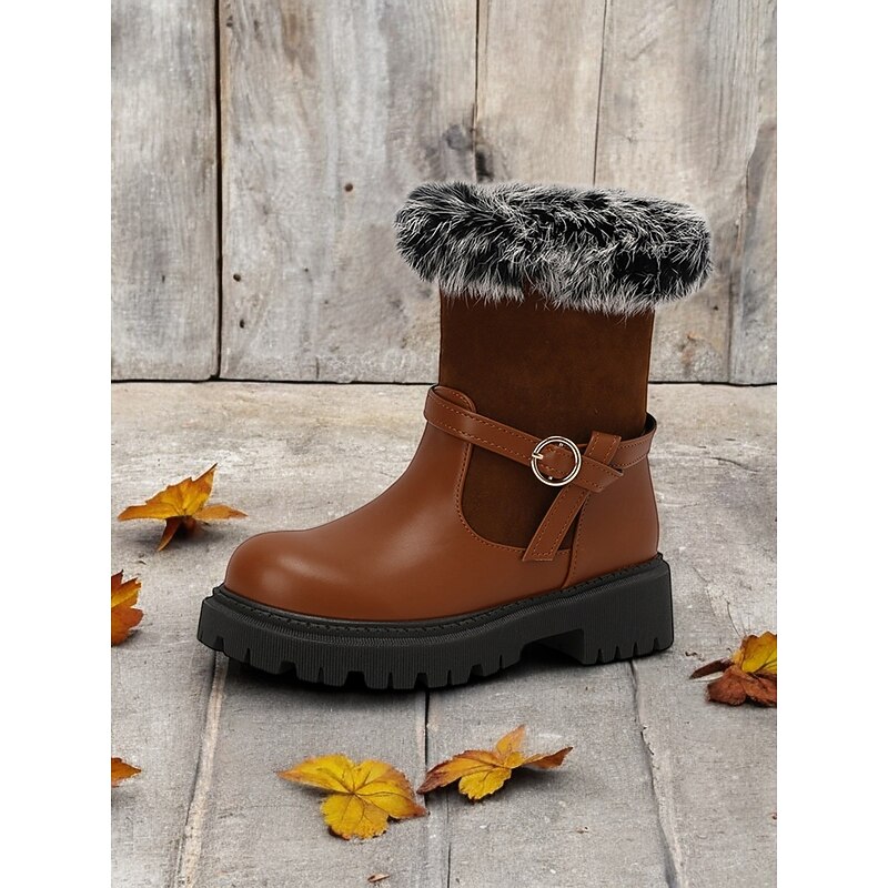 Women's Faux Fur Trim Winter Boots – Stylish and Warm Ankle Boots with Buckle Detail and Rugged Sole, Perfect for Outdoor Adventures in Cold Weather