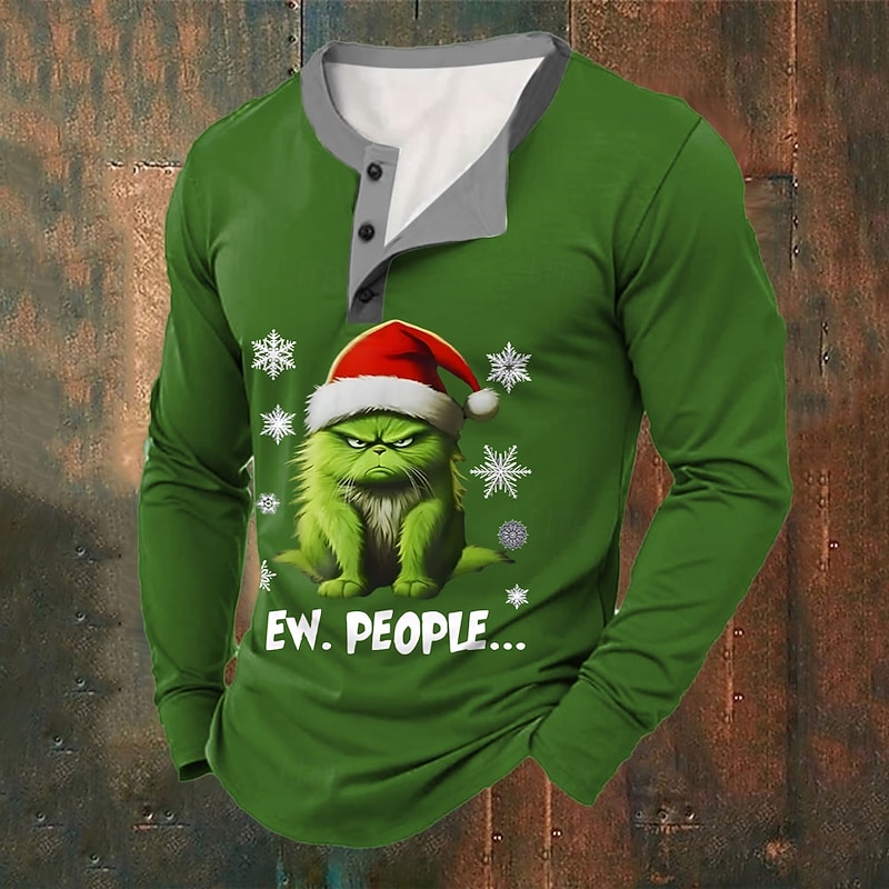 Christmas Men's Christmas animal Henley T Shirt Cat Hat Fashion Casual Print Henley Party Street Daily Red Green Long Sleeve Henley Winter Spring &  Fall Clothing Apparel Normal S M L XL XXL XXXL4