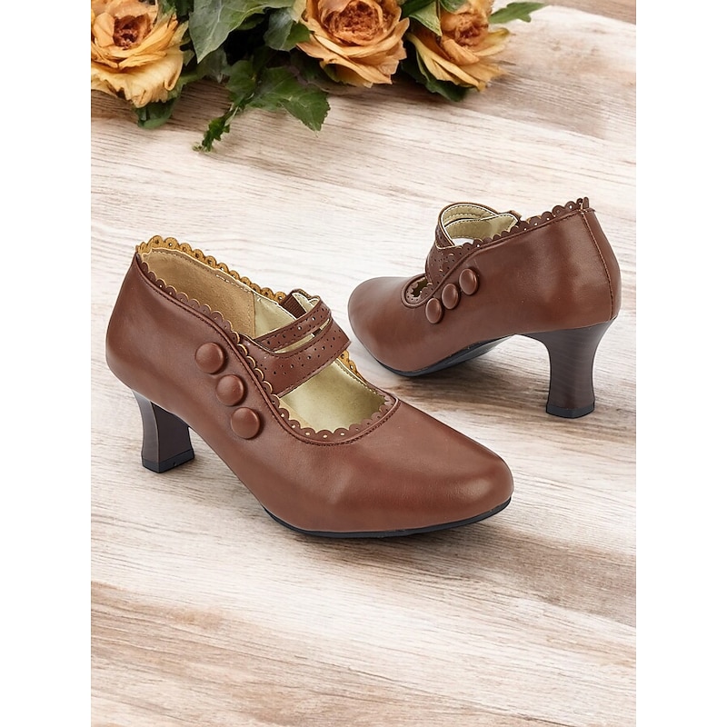 Women's Burgundy Vintage Mary Jane Heels with Decorative Buttons and Scalloped Edges - Classic Style for Office and Formal Events2