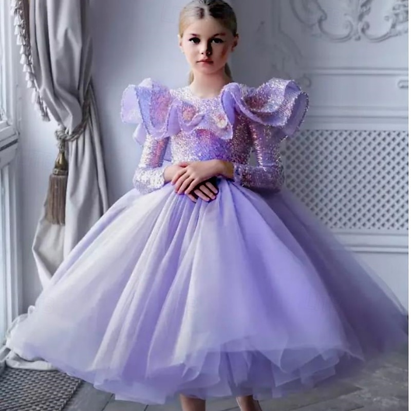 Kids Girls' Party Dress Solid Color Sleeveless Long Sleeve Performance Mesh Princess Sweet Mesh Mid-Calf Sheath Dress Tulle Dress Summer Spring Fall kids Purple