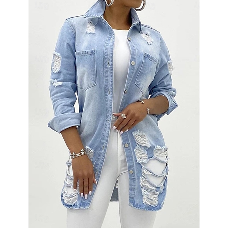 Women's Denim Jacket Outdoor Street Daily Wear Fall Winter Regular Coat Regular Fit Thermal Warm Breathable Stylish Casual Jacket Long Sleeve Solid Color with Pockets Light Blue Black Navy Blue4