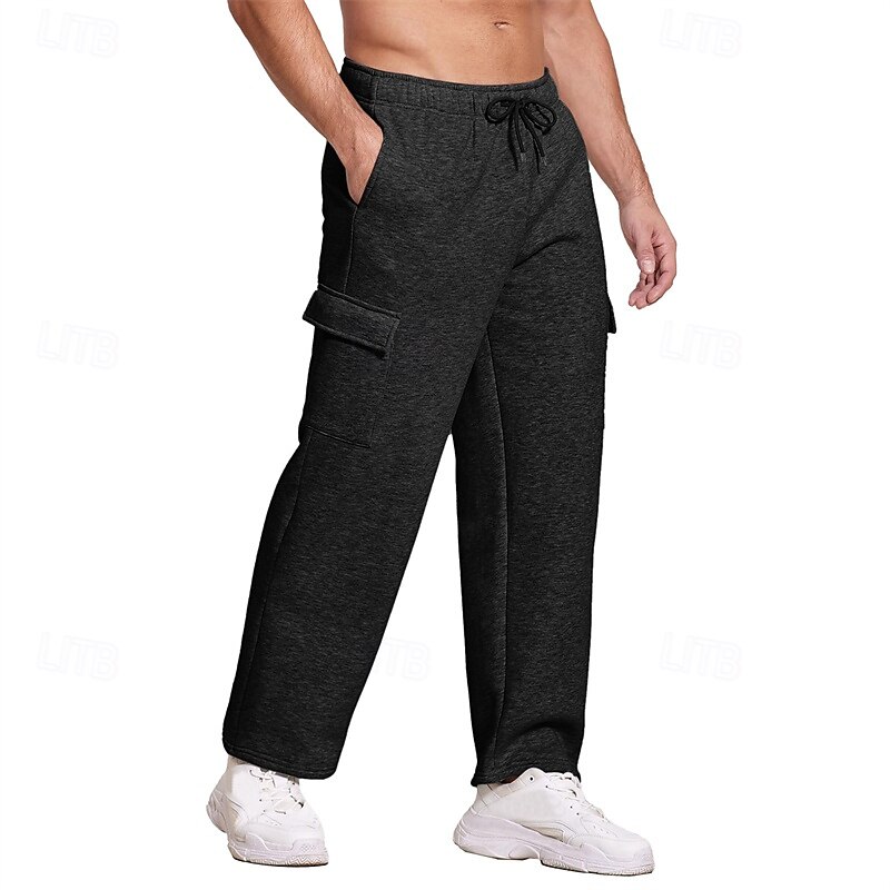 Men's Sweatpants Joggers Trousers Cargo Sweatpants Straight Leg Sweatpants Drawstring Elastic Waist Multi Pocket Plain Comfort Warm Full Length Outdoor Casual Daily Sports Fashion Black Light Grey3