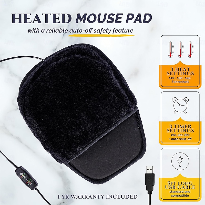 USB Heated Mouse Pad Hand Warmer 3 Temperatures/Time Limits Controller Included Works with All PC Mice Makes a Great Gift