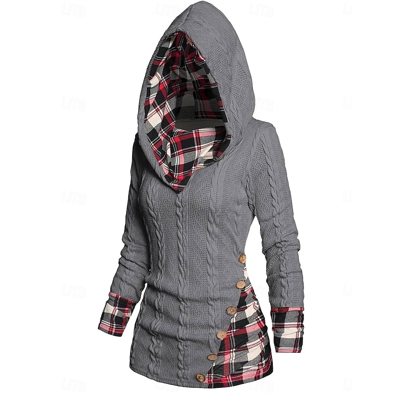 Women's Sweater Pullover Sweater Jumper Casual Soft Plaid Ribbed Hooded Patchwork Knitted Long Sleeve Regular Tops Knit Outdoor Daily Weekend Wine Beige Fall Winter - Main Image