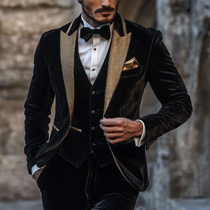 Men's Wedding Party Suits Peaked Lapel Black Fashion Party Solid Colored Standard Fit 3 Piece Single Breasted One-button2
