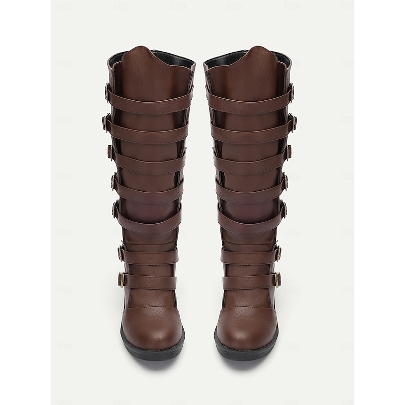 Women's Brown Multi-Buckle Knee-High Western Boots - Vintage Style with Rugged Sole for Outdoor and Casual Wear3