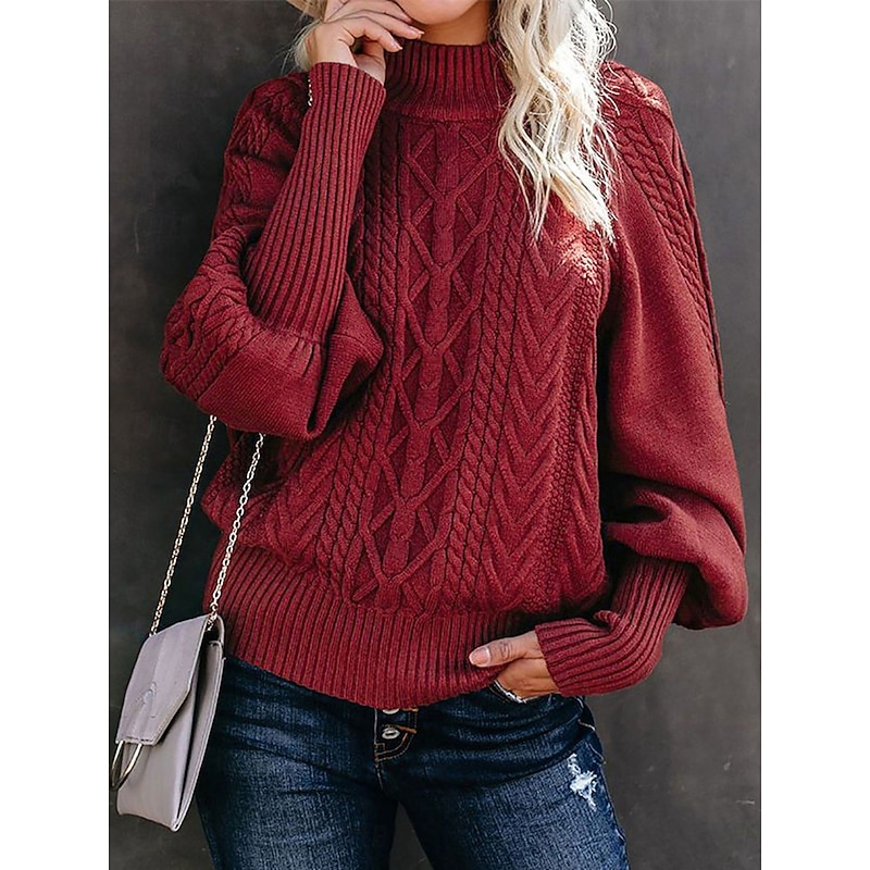 Women's Sweater Pullover Sweater Jumper Casual Soft Pure Color Cable Turtleneck Knitted Long Sleeve Regular Tops Knit Outdoor Daily Weekend Wine Apricot Fall Winter