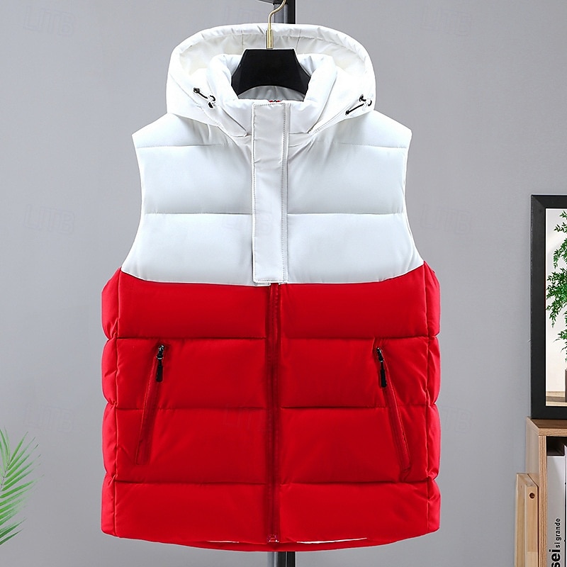 Men's Puffer Vest Padded Gilet Quilted Vest Daily Date Vacation Fashion Casual Fall & Winter Pocket Polyester Warm Comfortable Solid Color Zipper Hooded Regular Fit Black Dark Red Red Vest3