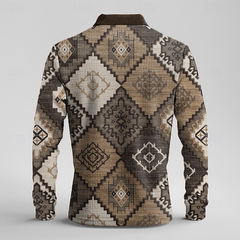 Men's Plaid Waffle Polo Shirts Golf Shirt Long Sleeve Polo Shirts Collared Shirts Vintage Casual Vacation Wear Formal Wear Festival Wear Buttons 3D Print Spring Fall Winter Dark Brown2