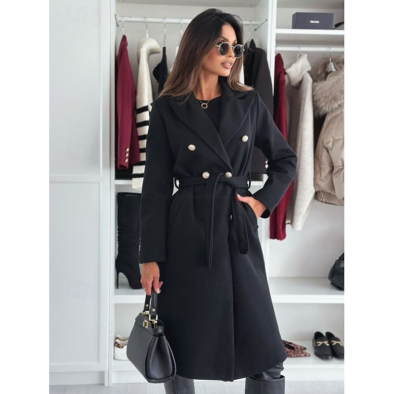 Women's Coat Warm Comfortable Buttons With Belt Elegant Solid Color Casual Daily Double Breasted V Neck Regular Fit Long Sleeve Outerwear Black Khaki Apricot Winter