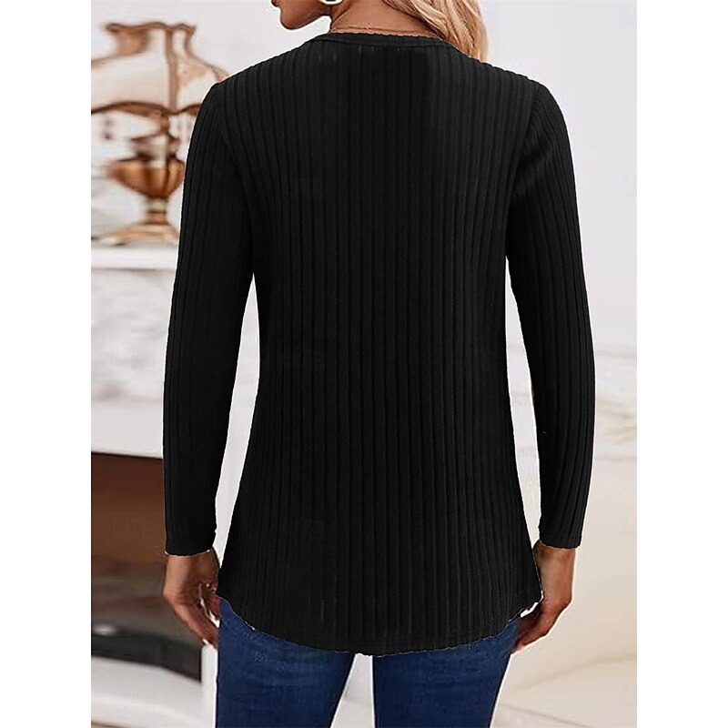 Women's Sweater Casual Soft Pure Color Ribbed V Neck Buttons Knitted Long Sleeve Regular Tops Knit Outdoor Daily Weekend Black Fall Winter2