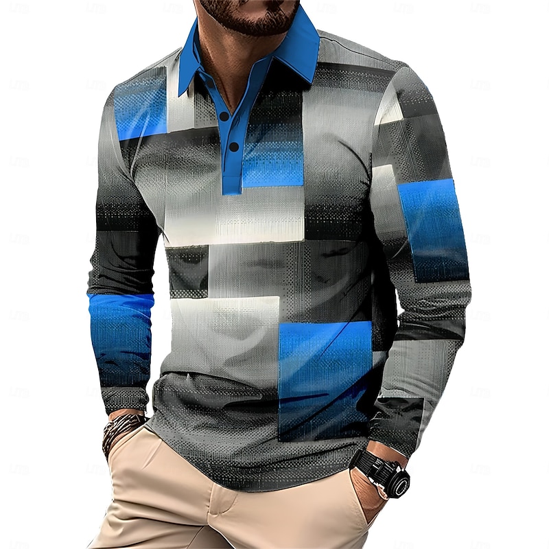 Men's Plaid Polo Shirts Golf Polos Shirts Long Sleeve Polo Shirts Collar Business Casual Formal Vacation Dailywear Outdoor clothing 3D Print Buttons Spring Fall & Winter Black Yellow Red2