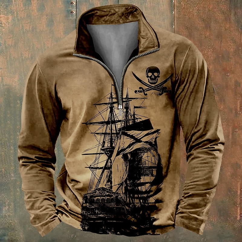 Men's Ship Sweatshirts Sweatshirt Zip Sweatshirt Quarter Zip Sweatshirt Long Sleeve Sweatshirt Half Zip Zip Quarter Zip Cool Daily Casual 3D Printing Vacation Going out Streetwear Zipper Half Zip