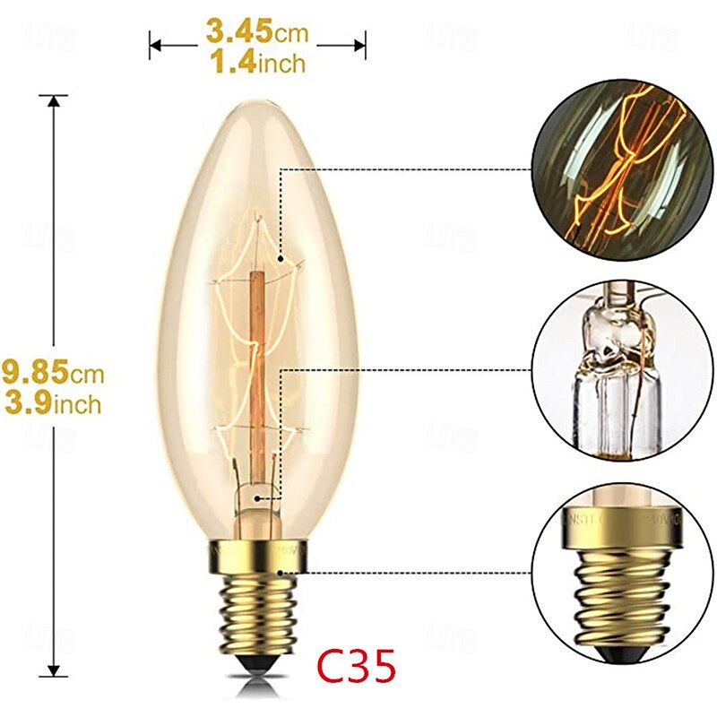 10pcs Vintage Edison Candle Bulbs, 40W E14 C35 Dimmable Decorative Retro Lights - AC 220-240V4