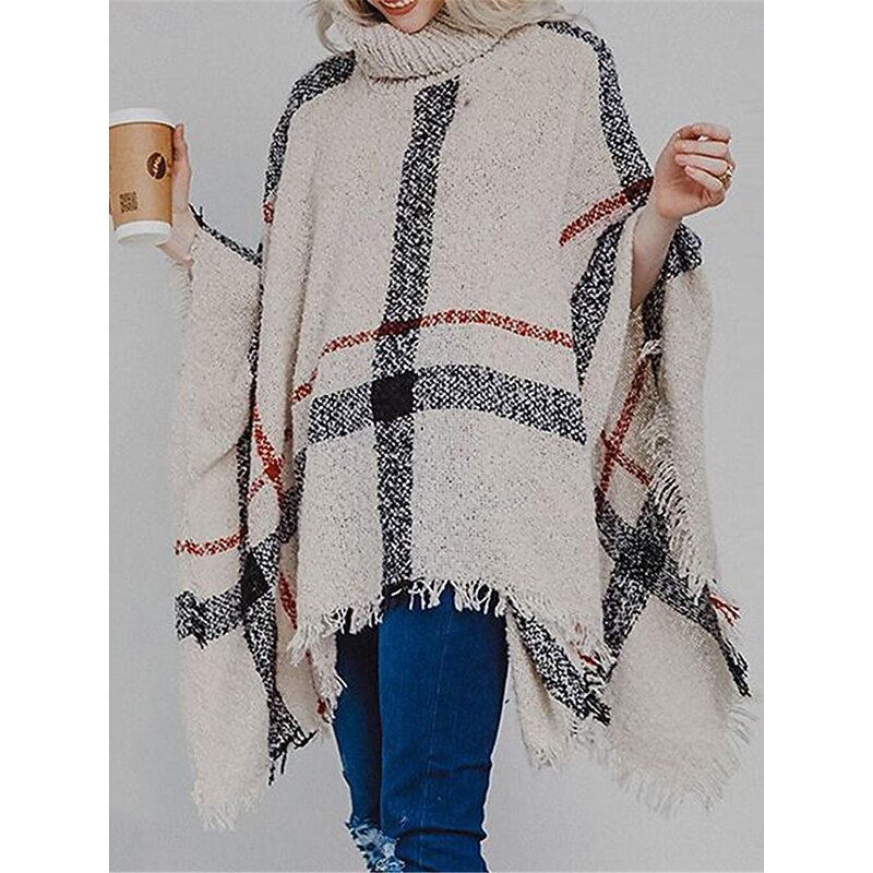 Women's Shrug Casual Soft Plaid Ribbed Turtleneck Tassel Knitted Long Sleeve Regular Tops Knit Outdoor Daily Weekend White Red Fall Winter2