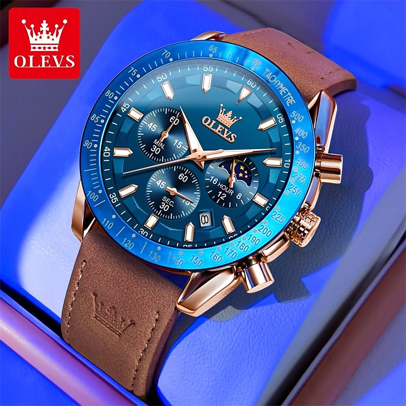 New Olevs Olevs Brand Fashion Trend Men'S Watches Luminous Chronograph Calendar Large Dial Simple Leisure Quartz Watch Leather Sports Waterproof Men'S Wristwatch