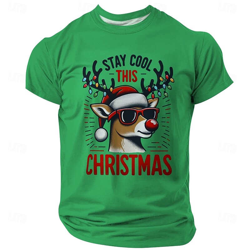 Christmas Men's Hat Deer T Shirt Short Sleeve T shirt 3D Print Crew Neck Shirt Retro Vintage Casual Street Style Christmas Sports Outdoor Holiday Yellow Blue Green Spring & Summer Clothing Apparel S
