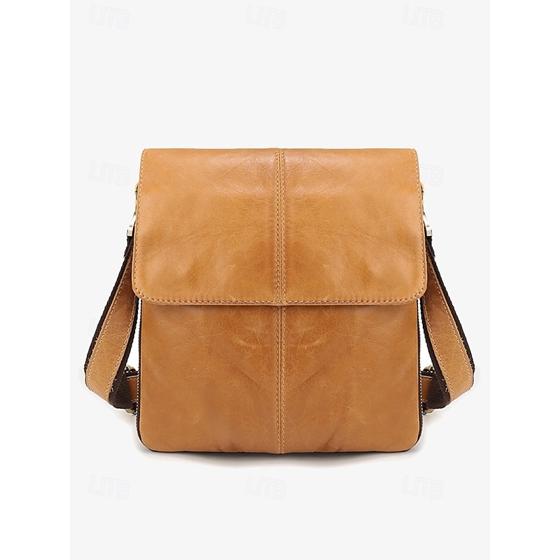 Men's Crossbody Bag Messenger Bag Shoulder Bags Leather Cowhide Office Casual Daily Zipper Multiple pockets Large Capacity Durable Expandable Solid Color Light Brown3