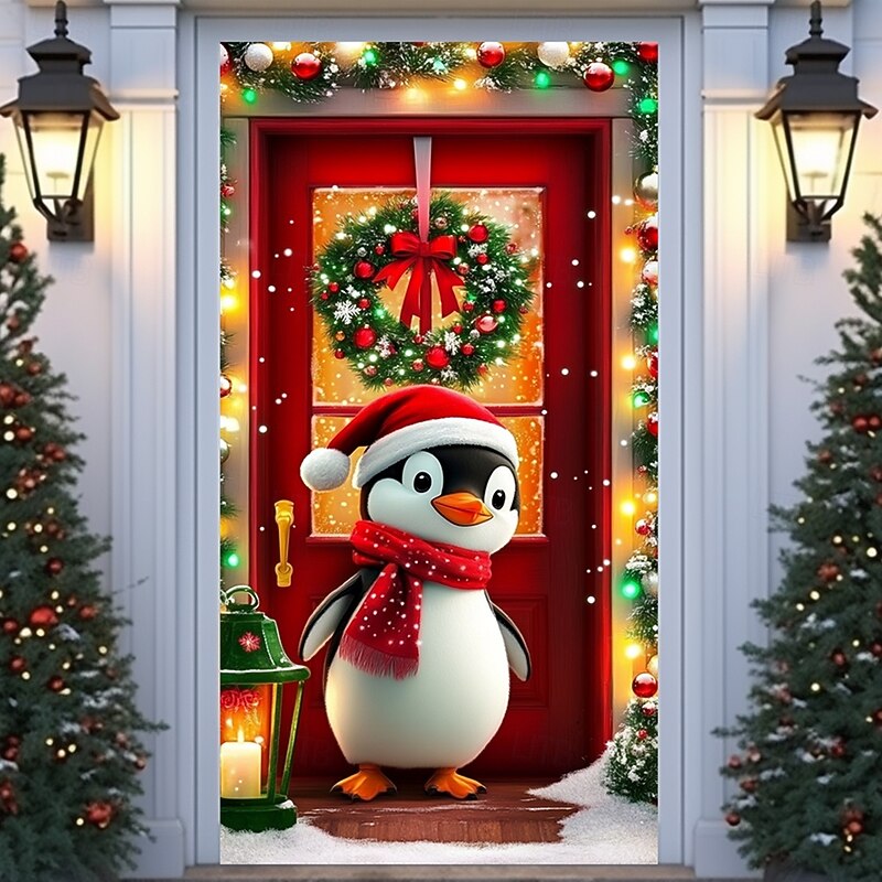 Christmas Door Decorations Door Covers Xmas Garland Ornaments Door Tapestry Door Curtain Decoration Backdrop Indoor/Outdoor Door Banner for Frot Door Farmhouse Animal Penguin