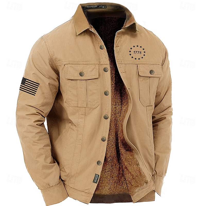 Men's American US Flag Work Shirt Western Shirt Cargo Shirt Long Sleeve Casual Sports & Outdoor Going out Fall Winter Turndown Print Army Green Khaki4