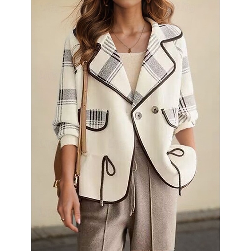 Women's Sweater Cardigan Sweater Jacket Shirt Collar Knit Patchwork Button Knitted Raglan Sleeves Spring Fall Daily Holiday Weekend Daily Stylish Casual Long Sleeve Plaid Color Block Black4