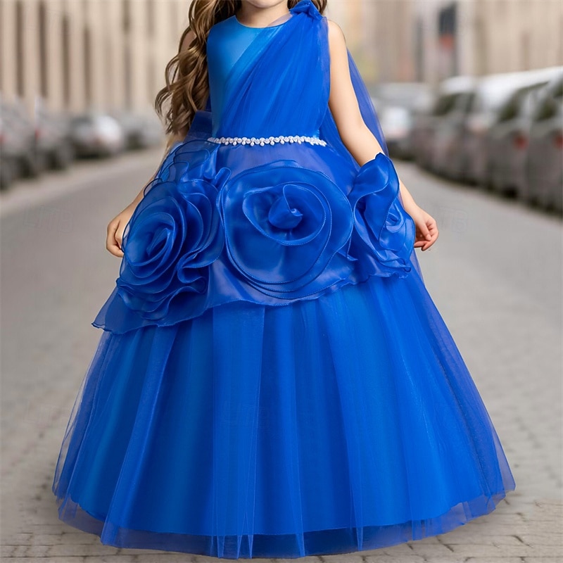 Kids Girls' Cosplay Dress Party Dress Solid Color Sleeveless Performance Wedding Christmas Mesh Backless Patchwork Beautiful Sweet Polyester Maxi Party Dress Swing Dress Tulle Dress Winter 4-12 Years