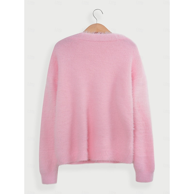 Women's  Oversized Cardigan Fuzzy V Neck Knit Fall Winter Work Weekend Elegant Fashion Streetwear Long Sleeve Solid Color Pink Light Grey2