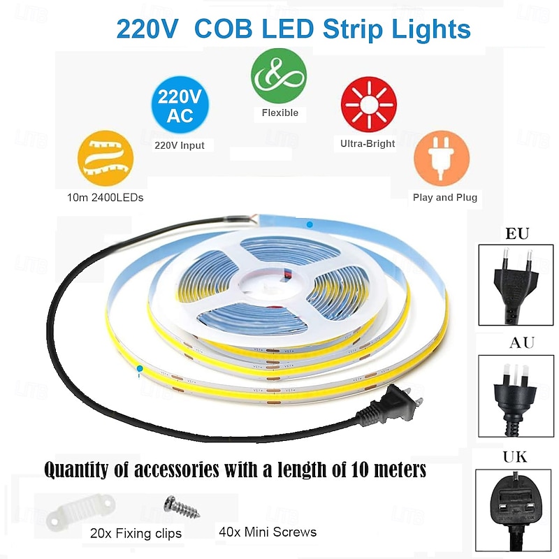 COB LED Light Strip 2-40M, IP65 Waterproof 240 LEDs/m, Super Bright Tape Strip Light for Bedroom, Kitchen, Outdoor Decor AC220V EU AU UK Plug4