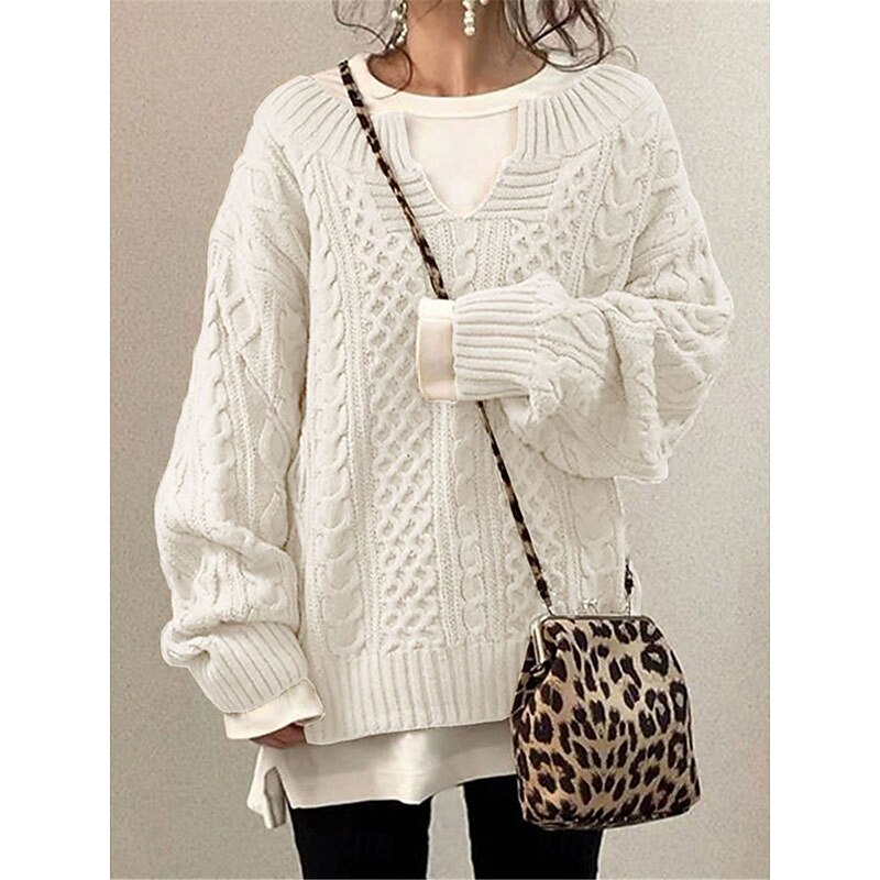 Women's Sweater Pullover Sweater Jumper Casual Soft Pure Color Cable V Neck Knitted Long Sleeve Long Tops Knit Outdoor Daily Weekend White Pink Fall Winter3