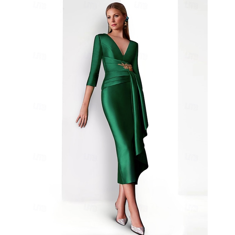 Sheath Cocktail Dresses Elegant Dress Formal Tea Length 3/4 Length Sleeve V Neck Satin with Rhinestone Buttons Dresses