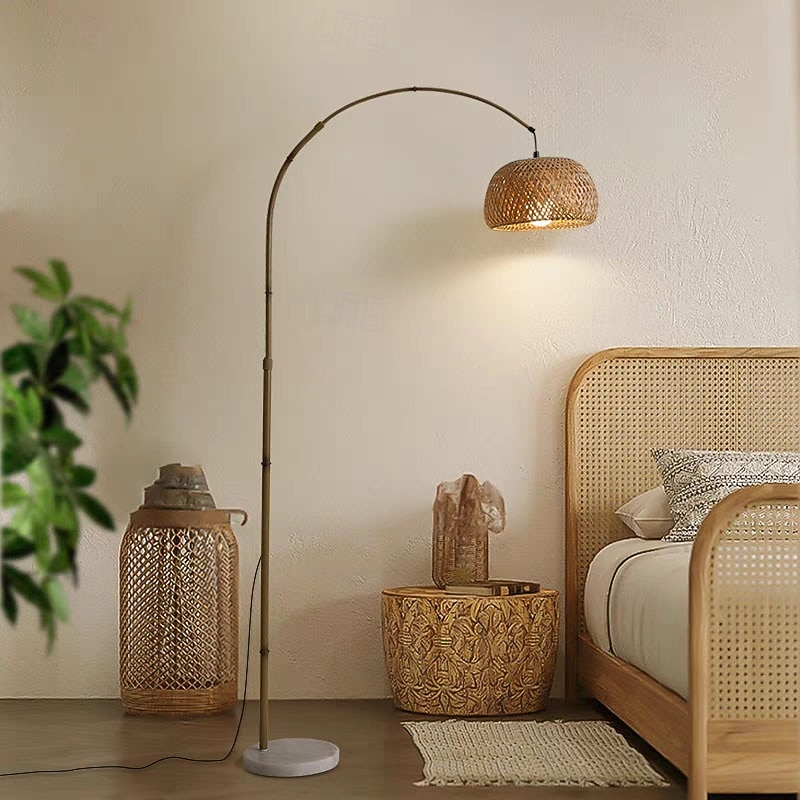 Floor Lamp Bedside Floor Lamp Bamboo Style Standing Light with Arc Arm in Wood Wabi-Sabi Style Floor Lamp2