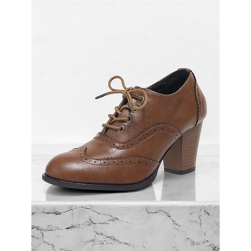 Women's Vintage Lace-Up Brogue Oxford Shoes – Brown Faux Leather Block Heel Dress Shoes for Formal and Casual Occasions2