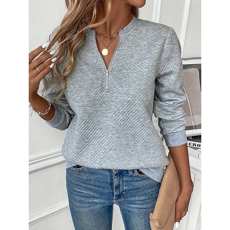 Women's Texture Sweatshirt Quarter Zip Sweater Casual Plain Street Dailywear Crew Neck Zipper Long Sleeve Black White Red Gray Fall Winter3