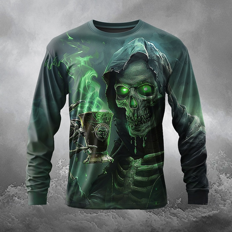 Halloween Men's Cool Skulls T Shirt Long Sleeve T shirt 3D Print Crew Neck Shirt Designer Horror Street Style Street Casual Festival Dark Green Summer Spring Fall Clothing Apparel S M L XL XXL XXXL