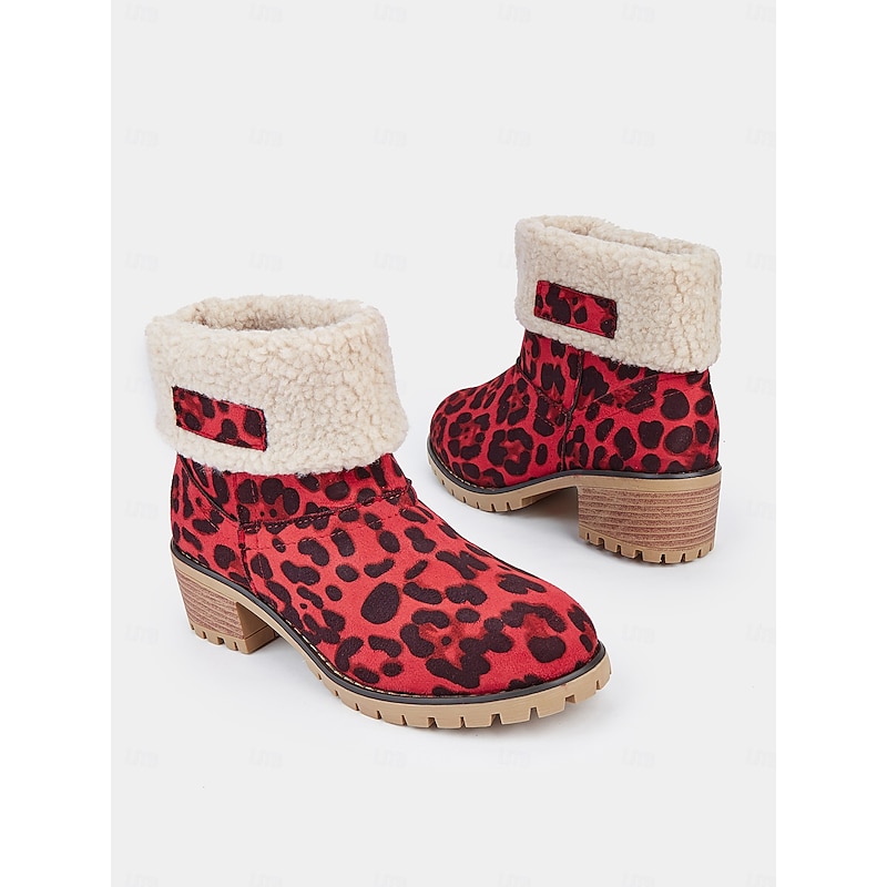 Women's Red Leopard Print Winter Boots with Faux Fur Lining and Chunky Heel – Warm and Stylish Snow Boots3
