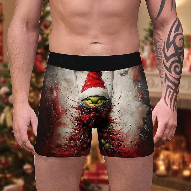 Santa Claus Green Monster Furry Christmas Pajamas Boxer Briefs Underwear Christmas Gift Men's Funny Christmas Pattern Adults Christmas New Year Christmas Eve Christmas Party