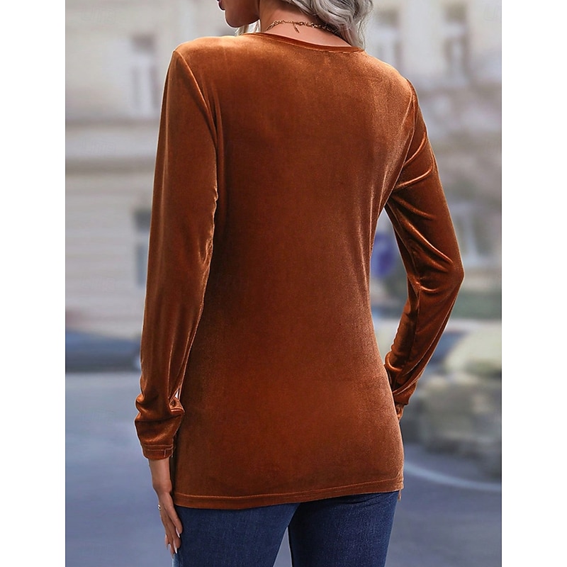 Women's Shirt Velvet Elegant Dressy Solid Color Casual Long Sleeve Bishop Sleeve Crew Neck Regular Tops Daily Tunic Brown Fall Winter2