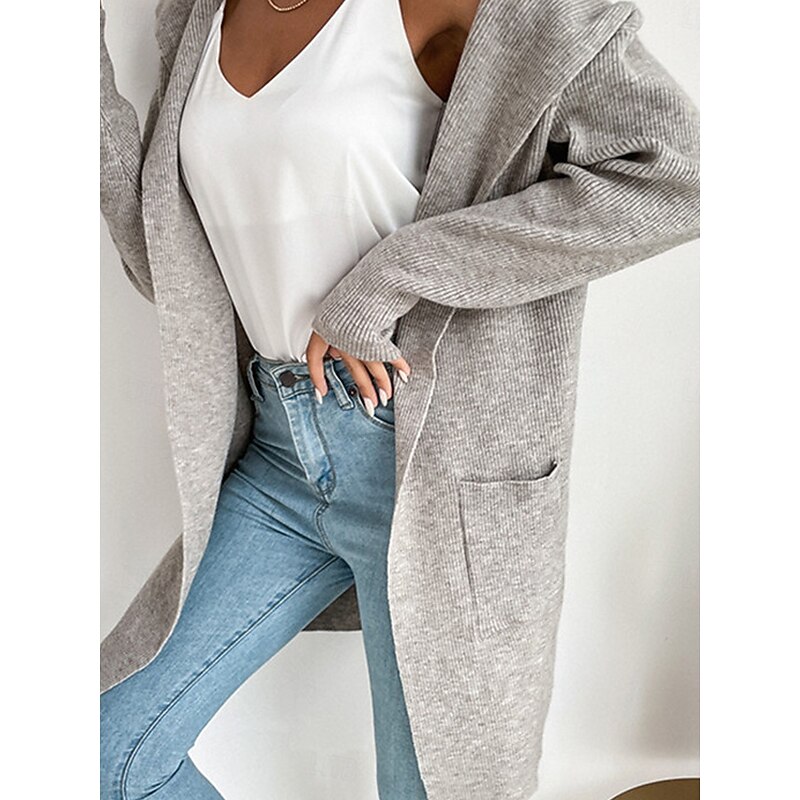 Women's Sweater Cardigan Casual Soft Pure Color Ribbed Hooded Pocket Knitted Long Sleeve Regular Tops Knit Outdoor Daily Weekend Green Khaki Fall Winter2