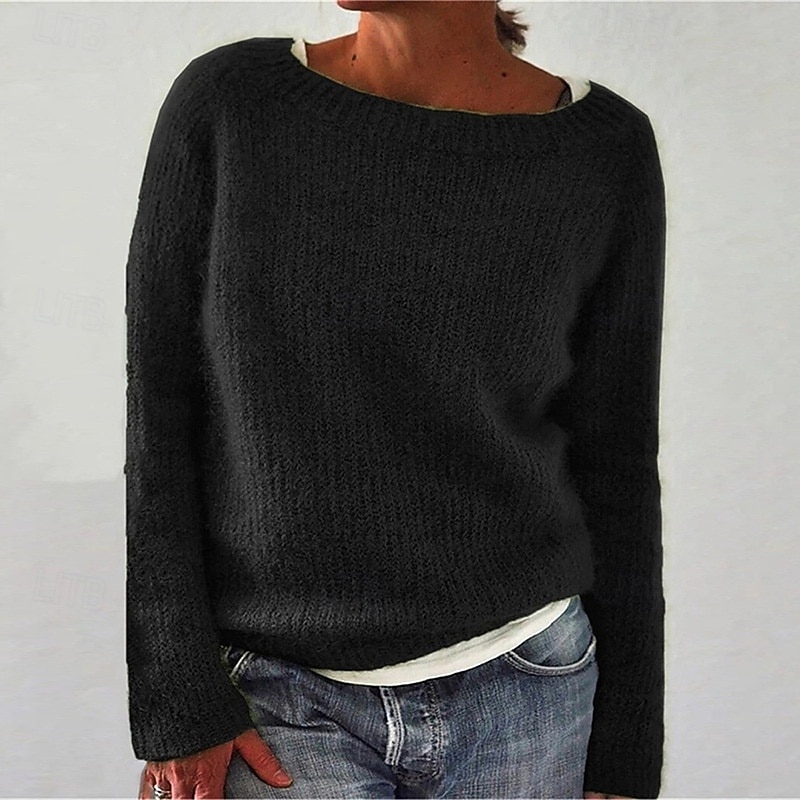Women's Sweater Daily Basic Solid Color Crew Neck Knitted Long Sleeve Regular Tops Knit Work Black Blue Fall Winter3