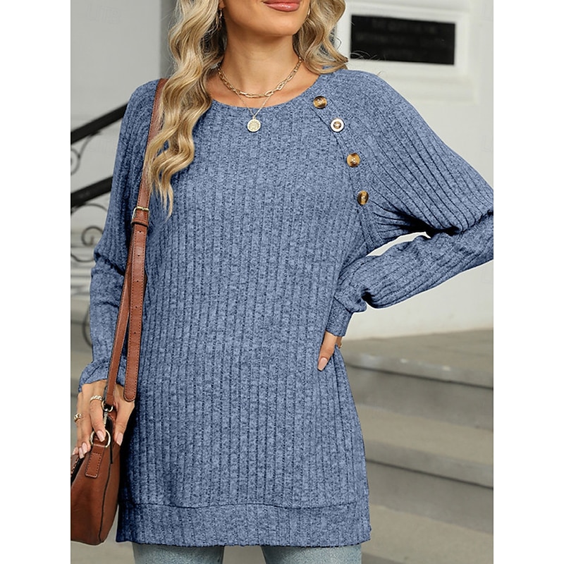 Women's T Shirt Plain Fashion Modern Casual Long Sleeve Crew Neck Regular Tops Daily Weekend Buttons Pink Blue Green Khaki Fall Winter 16