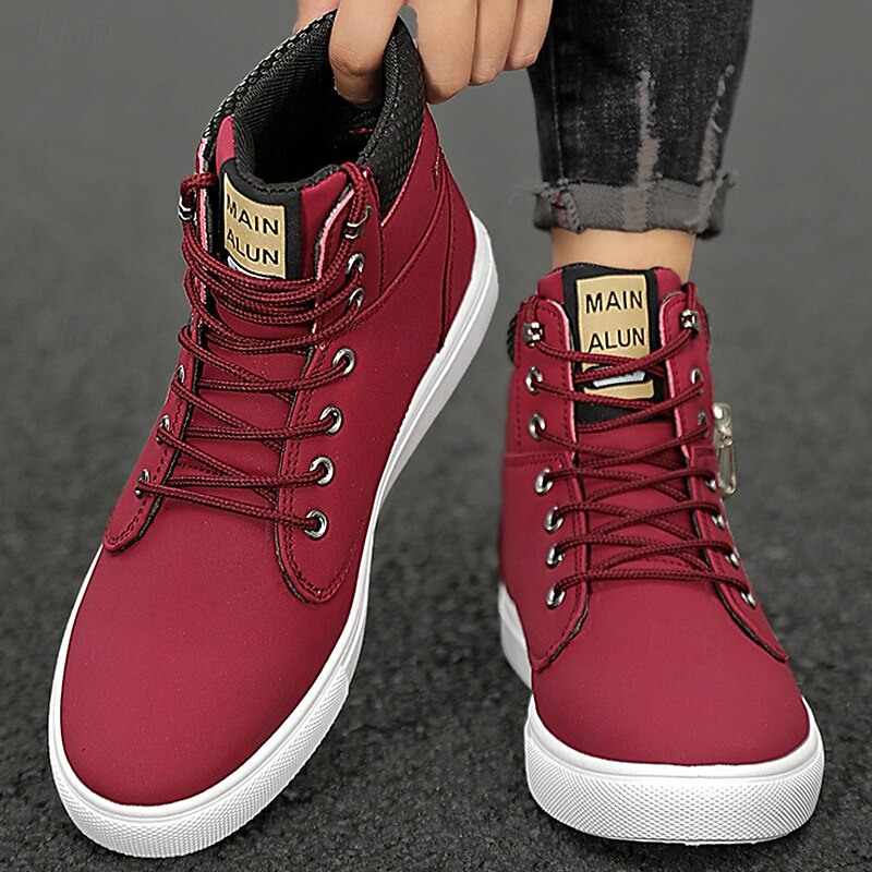 Men's Red High-Top Sneakers – Lace-Up Casual Ankle Boots with Zipper Detail and Stylish Print3