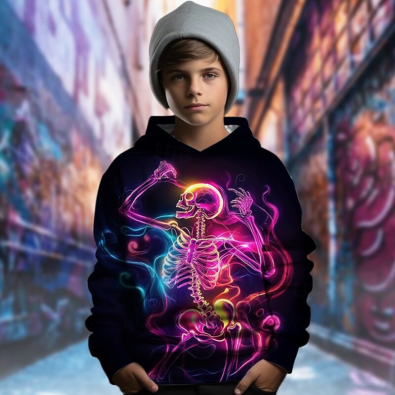 Boys 3D Graphic Skull Hoodie Long Sleeve Spring Fall Fashion Streetwear Kids 4-12 Years Hooded Outdoor Casual Daily Regular Fit2