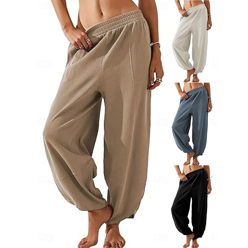 Women's Chinos Harem Pants Fashion Classic & Timeless Full Length High Waist Plain Pocket Elastic Waistband Comfy Soft Comfortable Micro-elastic Outdoor Street White Blue Khaki Spring &  Fall Regular